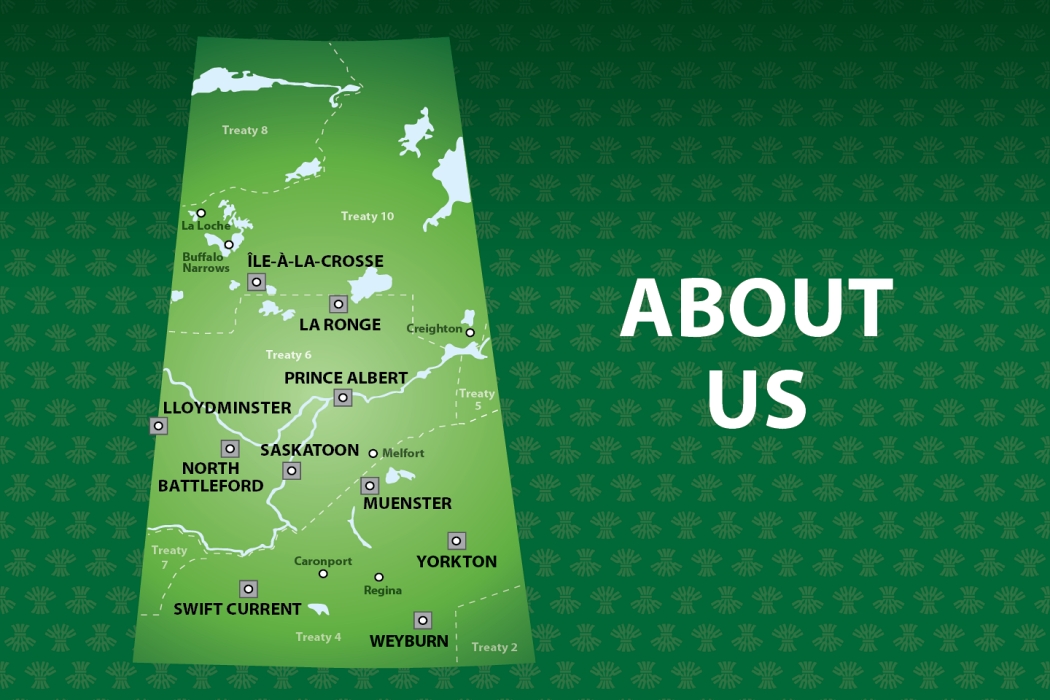 Stylized green map of Saskatchewan showing locations such as Saskatoon, Prince Albert, La Ronge, Yorkton, and Swift Current, with treaty areas and community markers, alongside large white text reading “About Us” on a patterned green background.