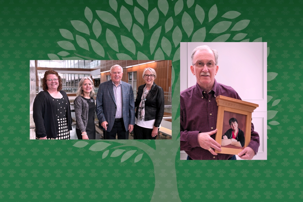 Collage on a green patterned background featuring two photos: on the left, four adults standing together indoors in a bright building with glass and wood interior; on the right, one older adult holding a framed portrait of another person against a plain interior background.