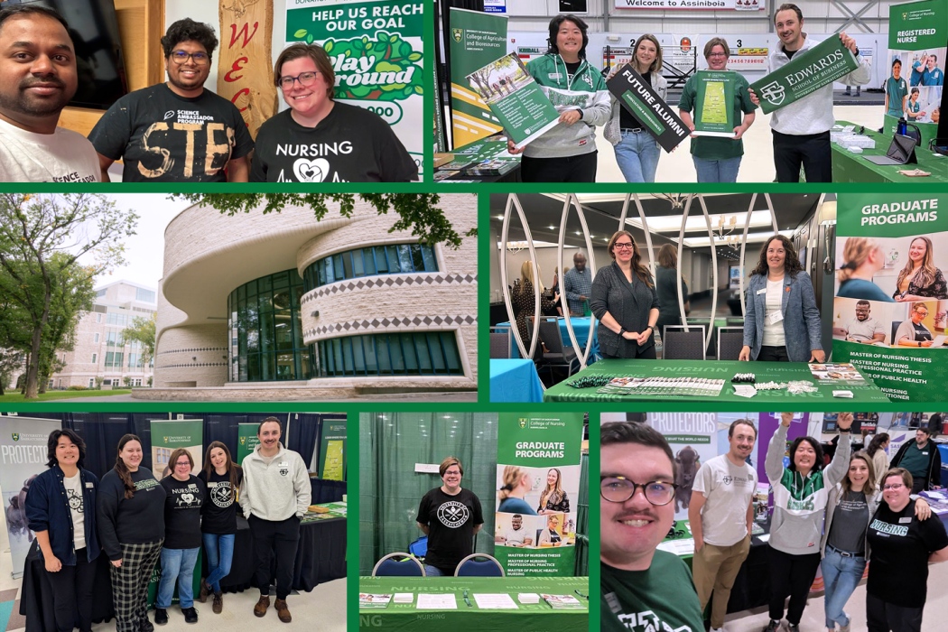 Collage of photos showing one image of the Gordon Oakes Red Bear Student Centre and several groups of staff members and students in different recruitment settings, including holding signs in a school gym and photos in front of USask branded tables.