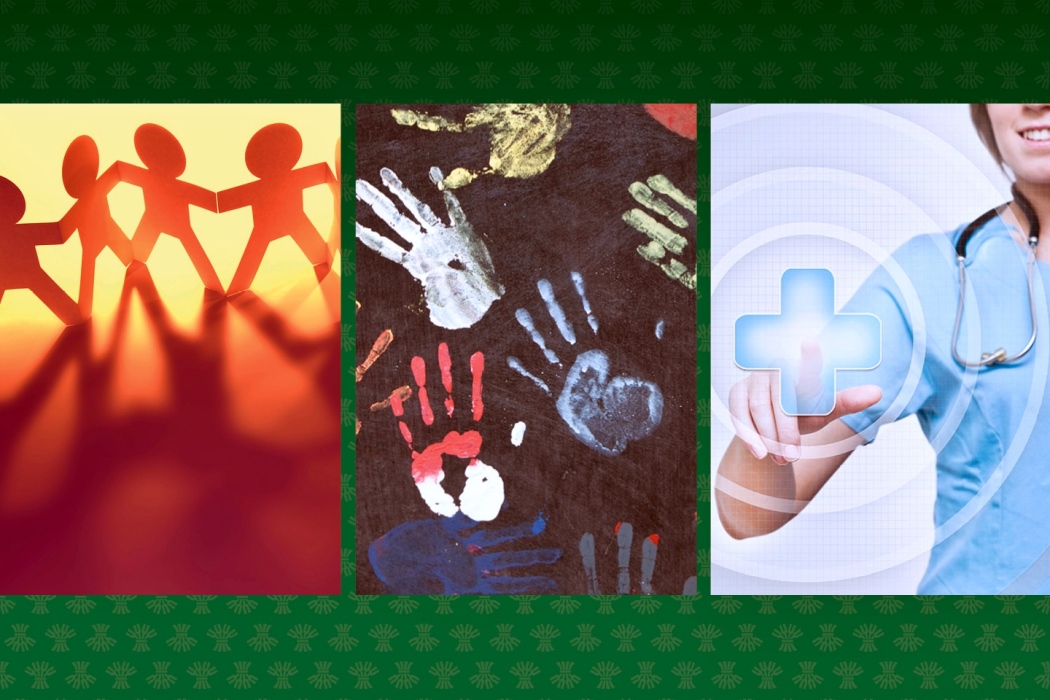 A collage of the three College of Nursing Research images, the first is a photo of a chain of orange paper dolls, the second is an image of brightly coloured handprints on a black background, and the third is a female nurse in blue scrubs pressing a blue ‘plus’ sign.