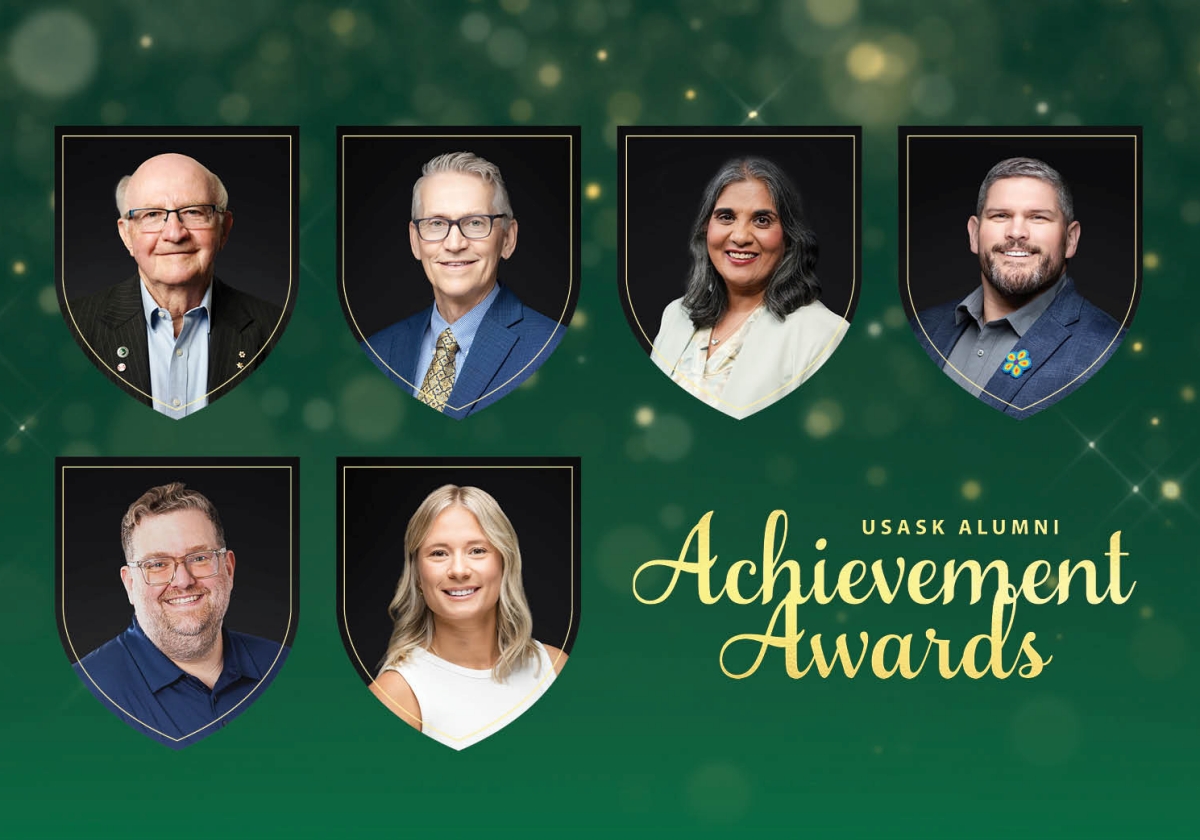 Six headshot photos of alumni achievement award recipients on a green background with the writing USask Alumni Achievement Awards on the bottom right hand corner.