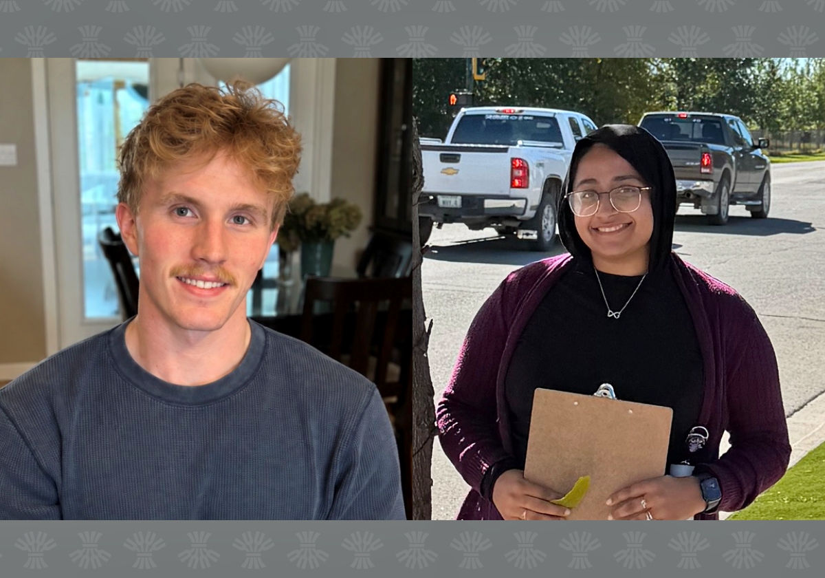 Male student (Caden) sits posed for camera in front of table on the left, while a female student (Purva) stands outdoors on a sidewalk holding a clipboard. 